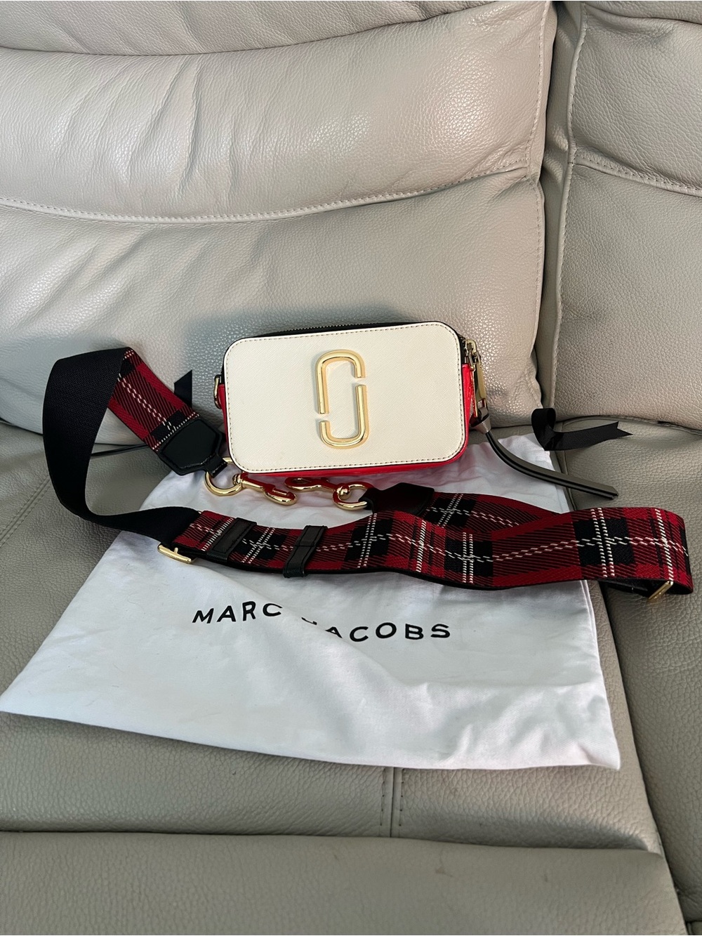 Marc Jacobs White and Red Snapshot Camera Bag with Plaid Strap